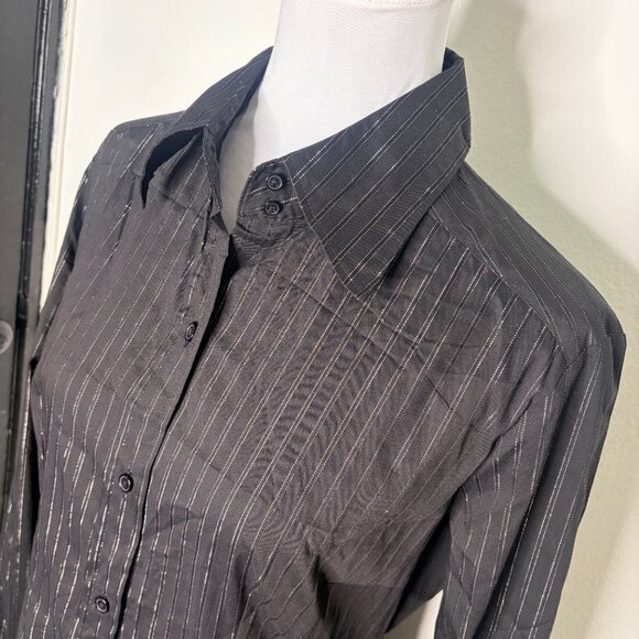 New York & Company Black Metallic Pinstripe Button Front Shirt Dress Size M - Picture 4 of 9